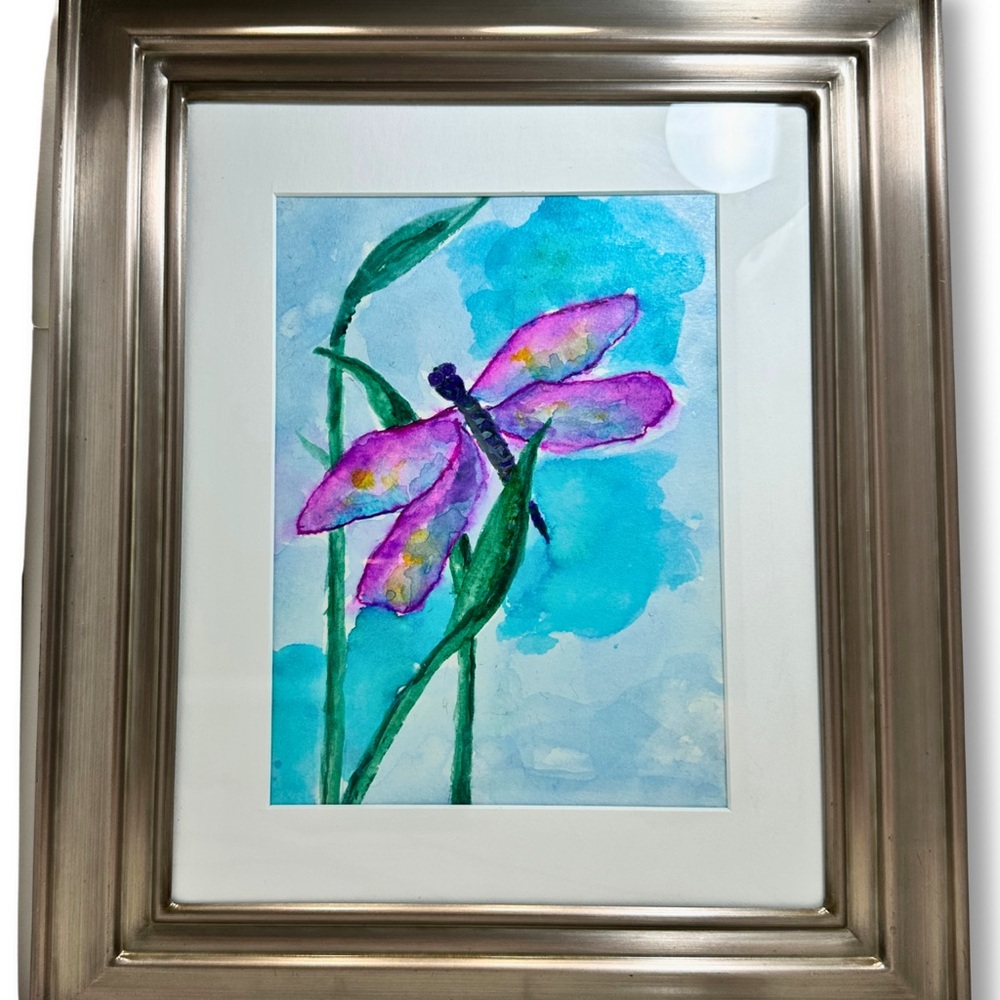 HAND PAINTED Watercolor Painting Blue Pink  Dragonfly WITH 11x13” Silver Frame